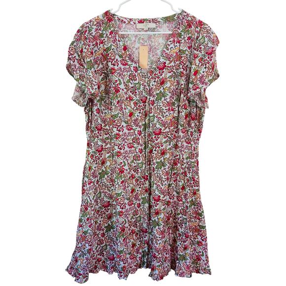 NWT Loft Plus Jungle Ruffle Floral Pocket Button Up Short Sleeve Dress 16 - Picture 2 of 11